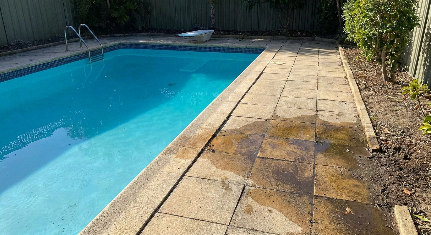 Residential pool water loss around the edges with visible cracks and leaking tiles