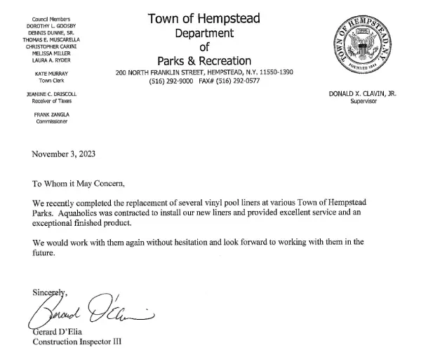 Town documentation connects to projects completed by Aquaholic Solutions using custom pool membrane installation nationwide.