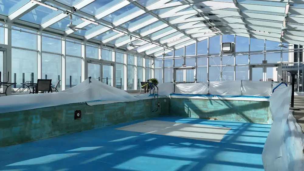PVC membrane liner installation revitalizes aging commercial pool, preventing leaks and extending pool life